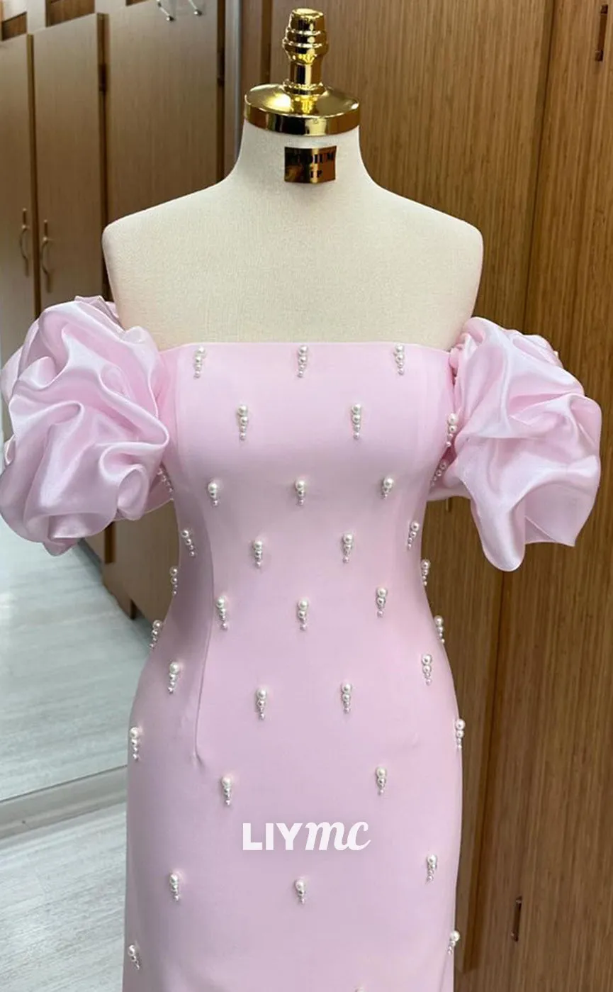 LP1344 - Unique ermaid Fitted Baby Pink Off-Shoulder Floor-Length Prom Gown with Pearls