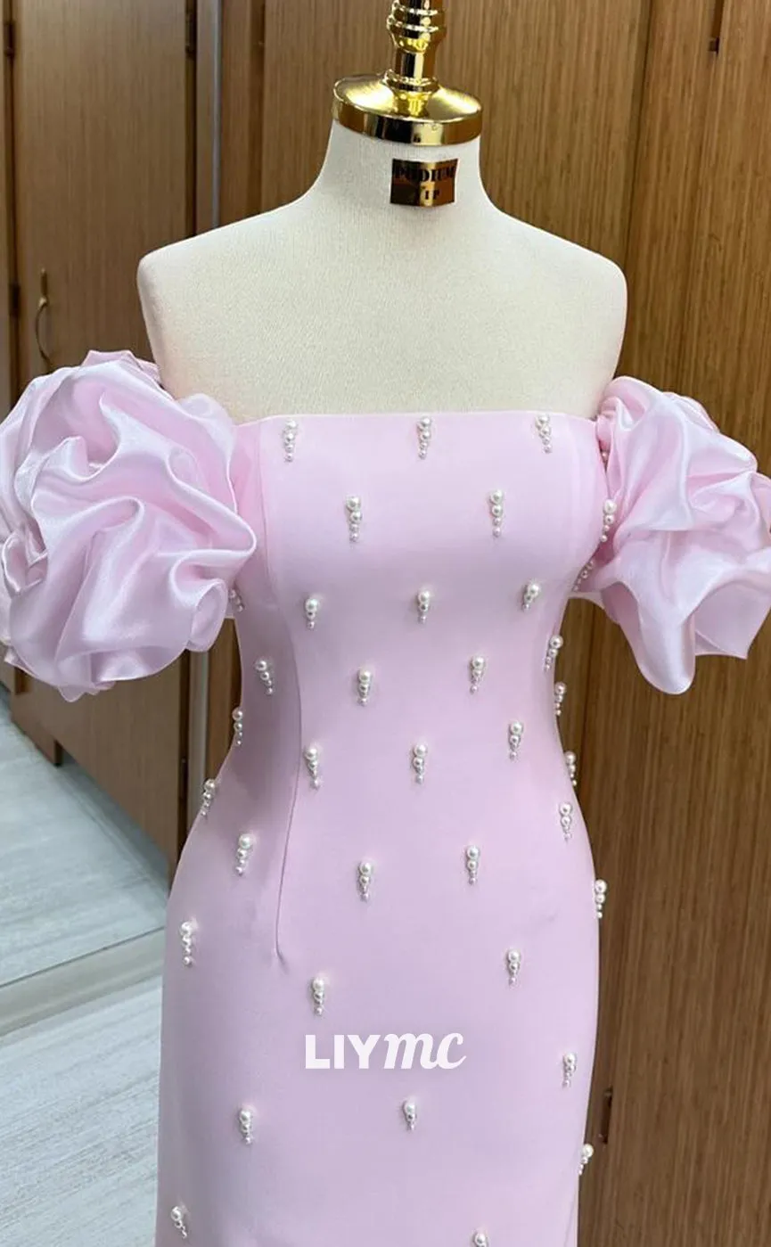LP1344 - Unique ermaid Fitted Baby Pink Off-Shoulder Floor-Length Prom Gown with Pearls