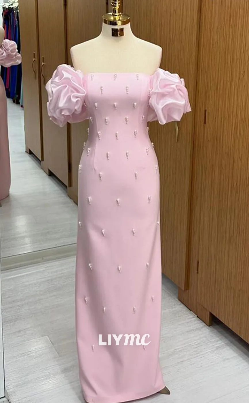 LP1344 - Unique ermaid Fitted Baby Pink Off-Shoulder Floor-Length Prom Gown with Pearls