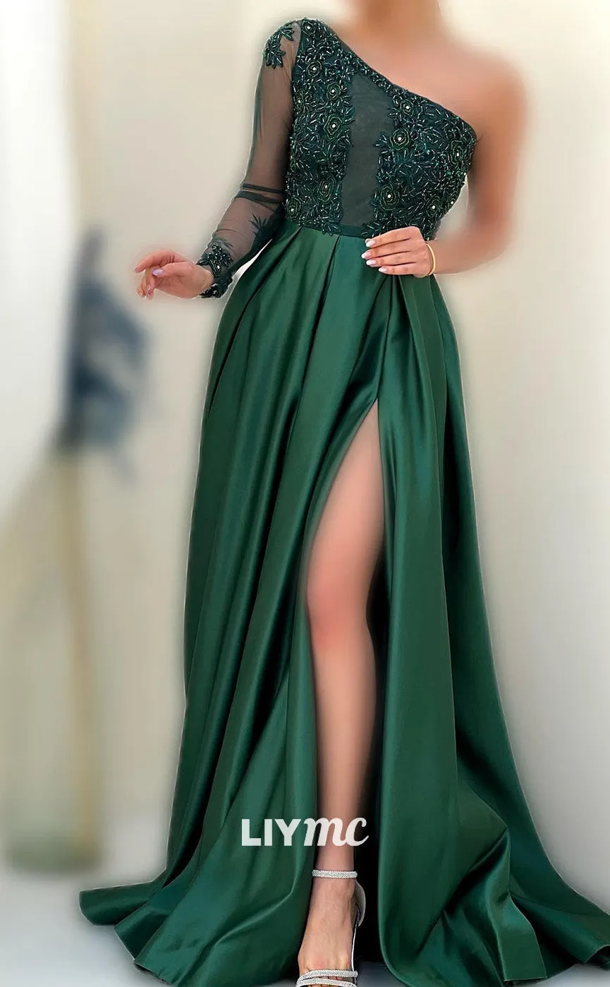 LP1809 - Asymmetrical Appliques High Waist Sleek Pleated Satin A-Line Prom Dress