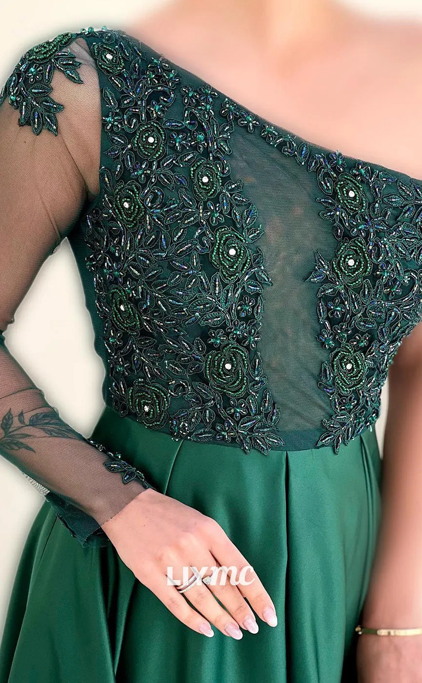 LP1809 - Asymmetrical Appliques High Waist Sleek Pleated Satin A-Line Prom Dress