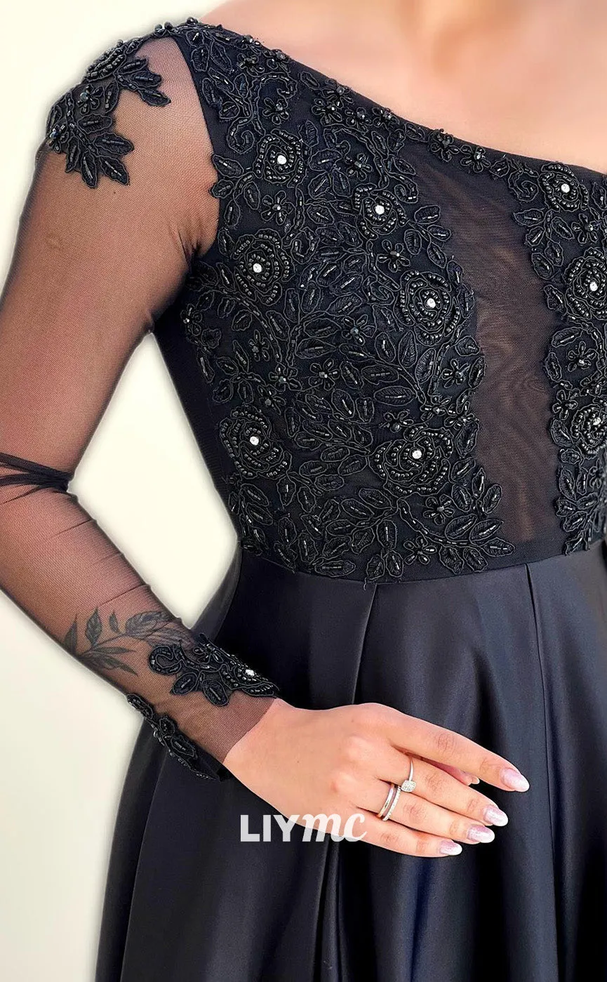 LP1809 - Asymmetrical Appliques High Waist Sleek Pleated Satin A-Line Prom Dress