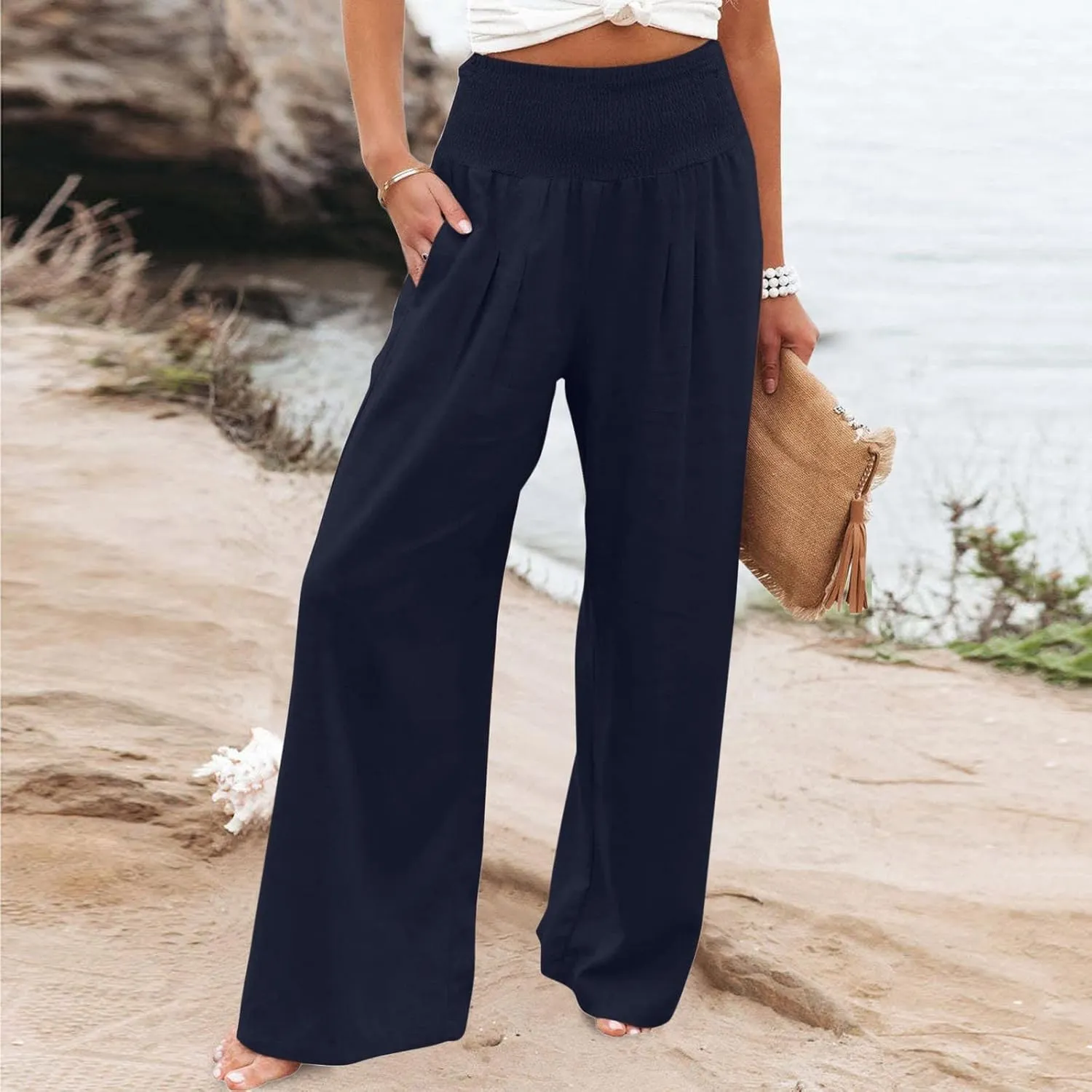 LRMQS Palazzo Pants for Women Casual Plus Size Wide Leg High Waist Lounge Cotton Linen Pant 2025 Beach Gauze Summer Clothes