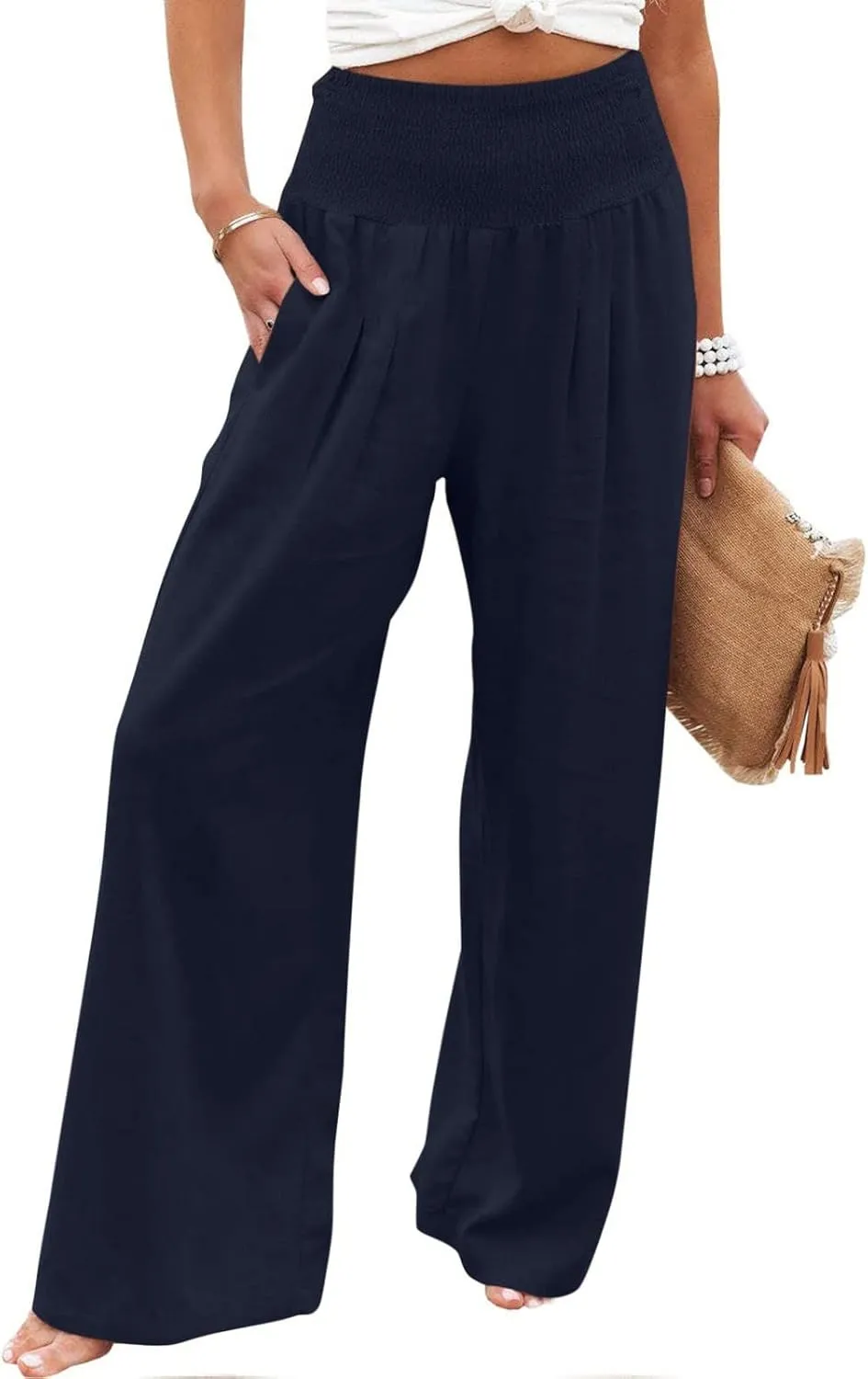 LRMQS Palazzo Pants for Women Casual Plus Size Wide Leg High Waist Lounge Cotton Linen Pant 2025 Beach Gauze Summer Clothes