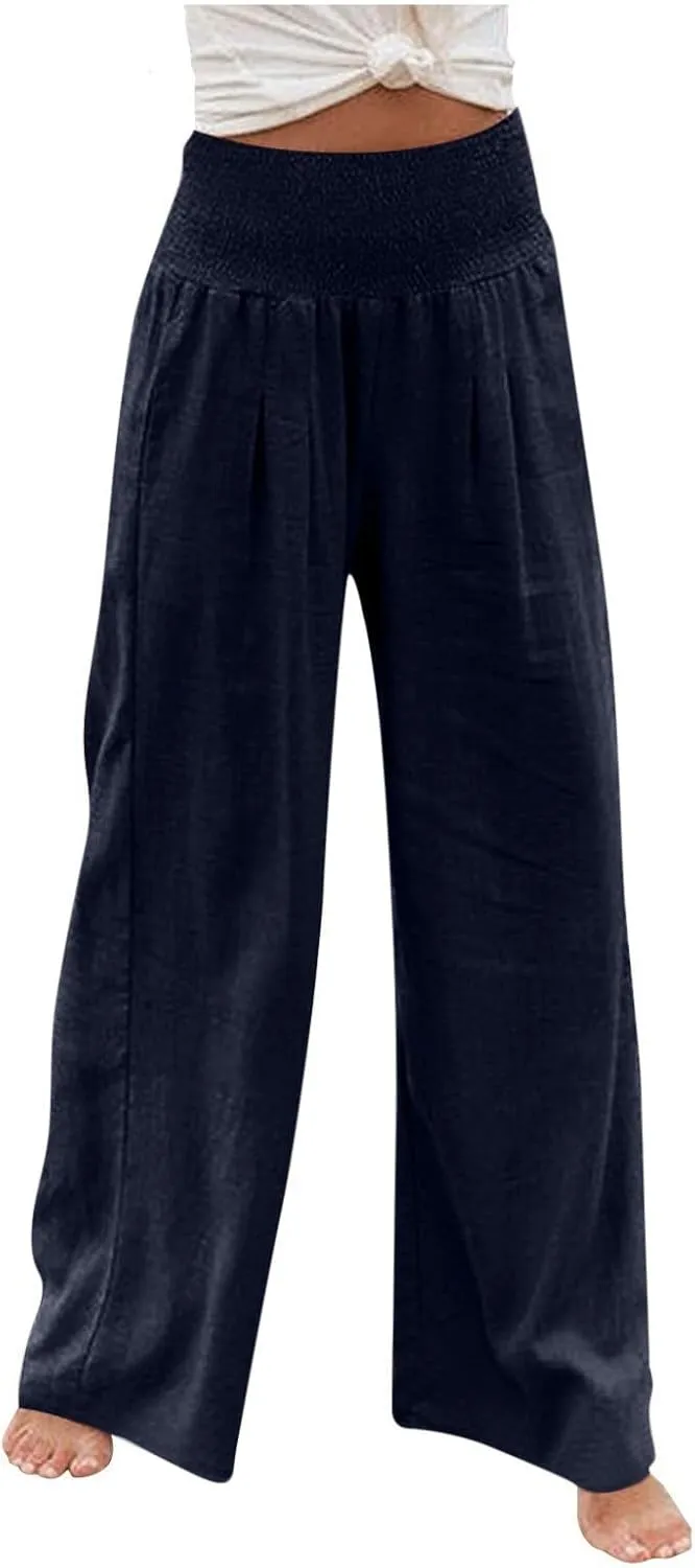LRMQS Palazzo Pants for Women Casual Plus Size Wide Leg High Waist Lounge Cotton Linen Pant 2025 Beach Gauze Summer Clothes