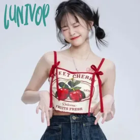 Lunivop  Chic Fashion Women Casual Japanese Sweet Cherry Print Slim Camisole Summer Bow Lace Up Thin Sxey Crop Y2k Tops Mujer