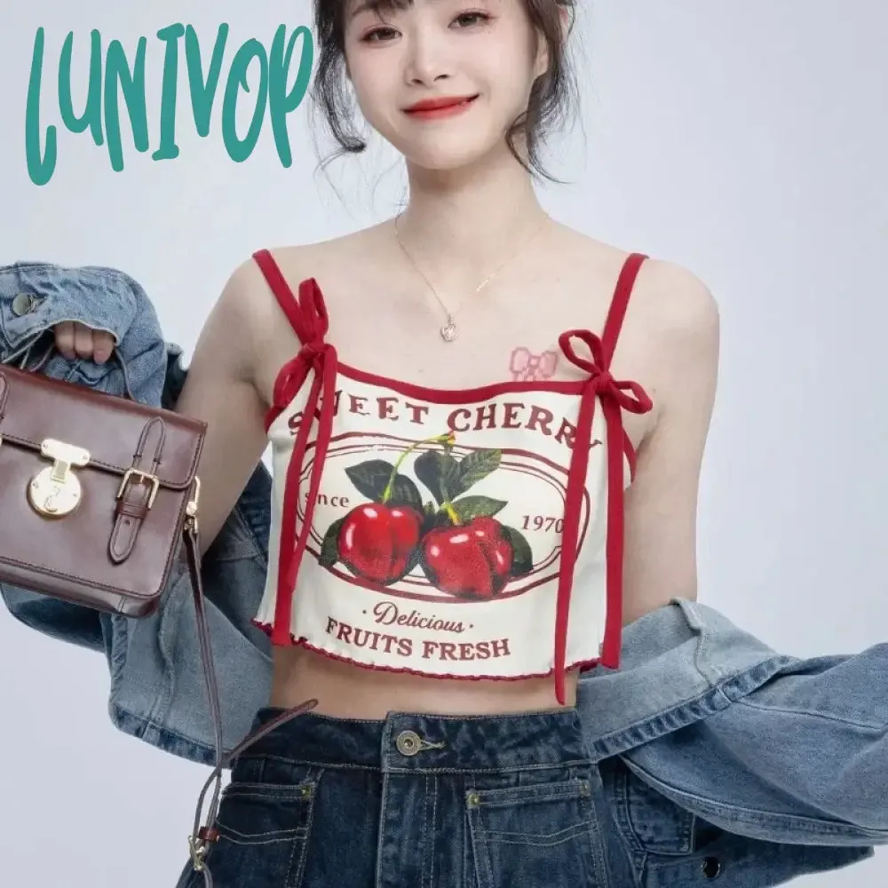 Lunivop  Chic Fashion Women Casual Japanese Sweet Cherry Print Slim Camisole Summer Bow Lace Up Thin Sxey Crop Y2k Tops Mujer