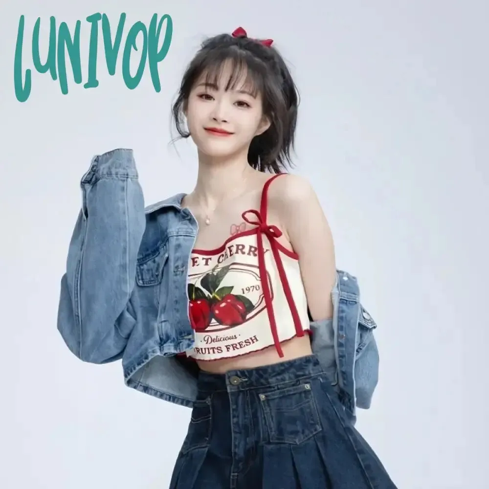 Lunivop  Chic Fashion Women Casual Japanese Sweet Cherry Print Slim Camisole Summer Bow Lace Up Thin Sxey Crop Y2k Tops Mujer