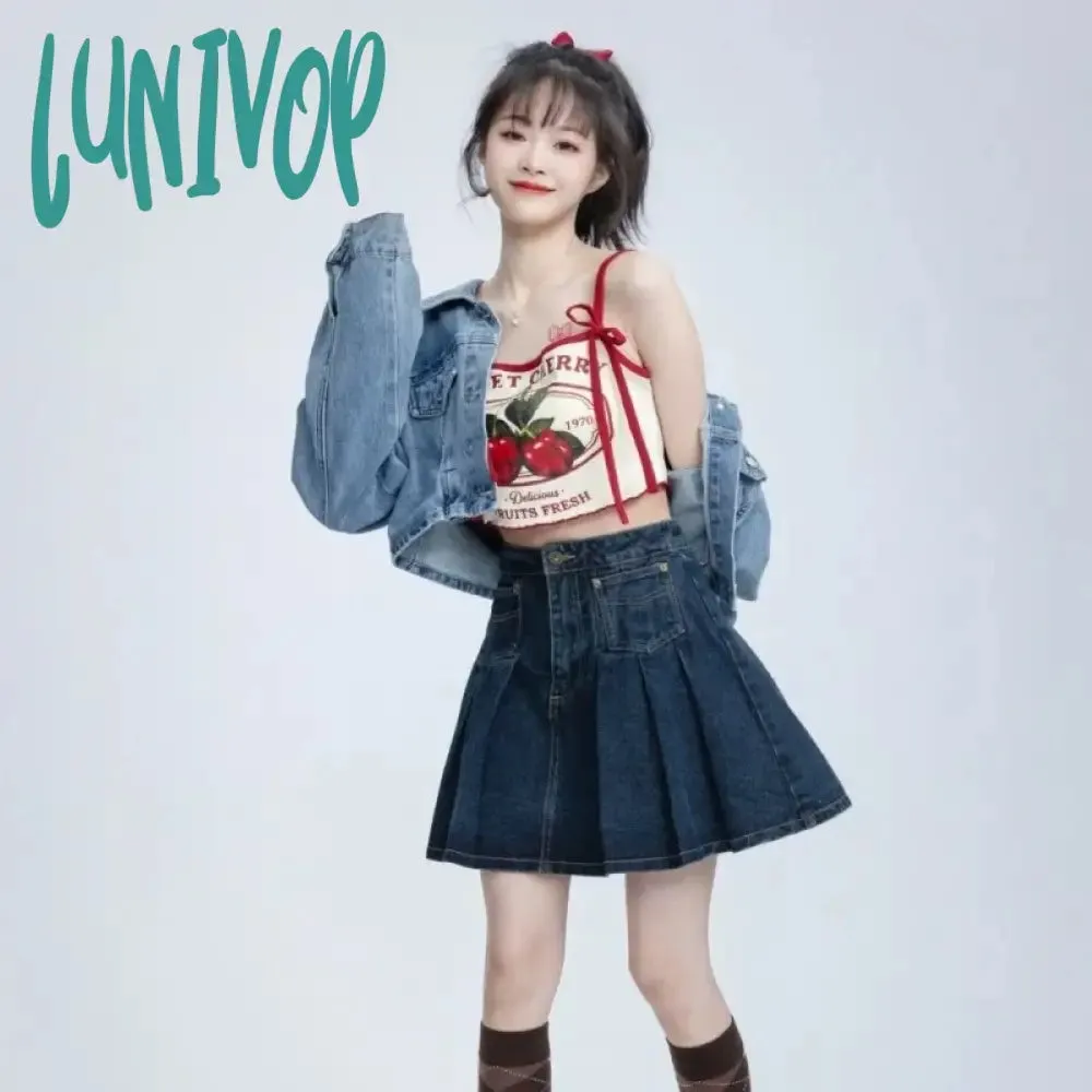 Lunivop  Chic Fashion Women Casual Japanese Sweet Cherry Print Slim Camisole Summer Bow Lace Up Thin Sxey Crop Y2k Tops Mujer