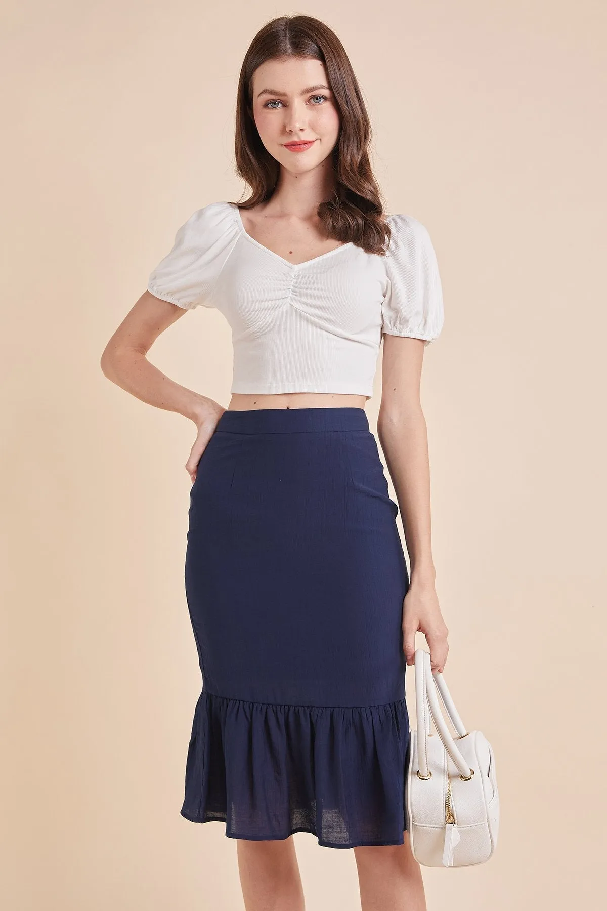 MADEBYNM DORIA MERMAID FLUTTER SKIRT IN FRENCH NAVY
