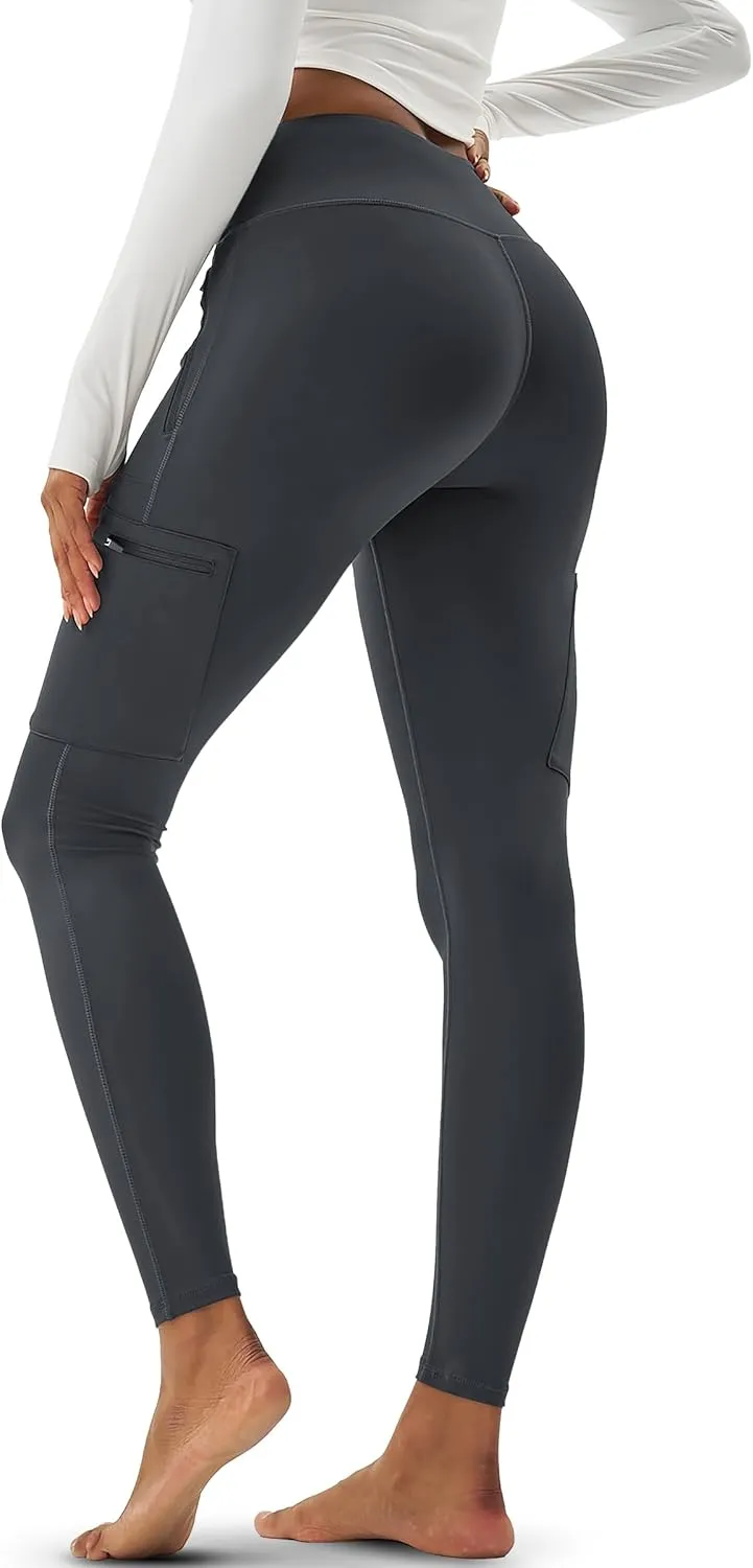 MAGCOMSEN Women's Hiking Leggings with 4 Zipper Pockets Water Resistant High Waisted Cargo Leggings Workout Running Yoga