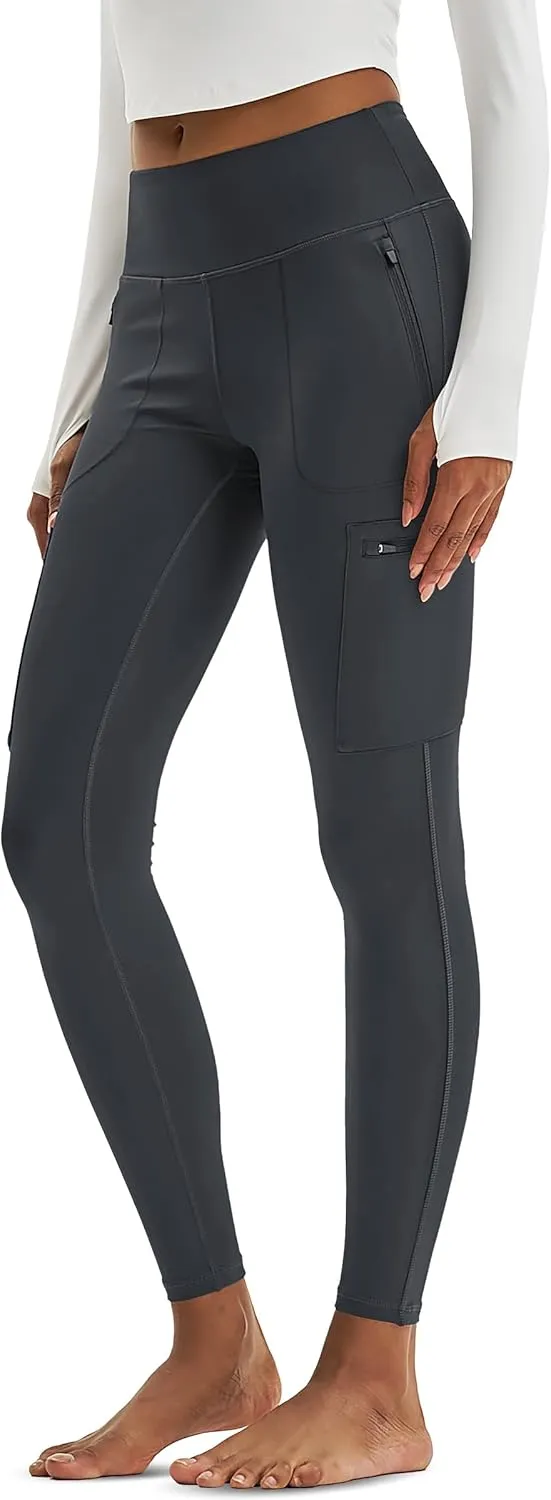 MAGCOMSEN Women's Hiking Leggings with 4 Zipper Pockets Water Resistant High Waisted Cargo Leggings Workout Running Yoga