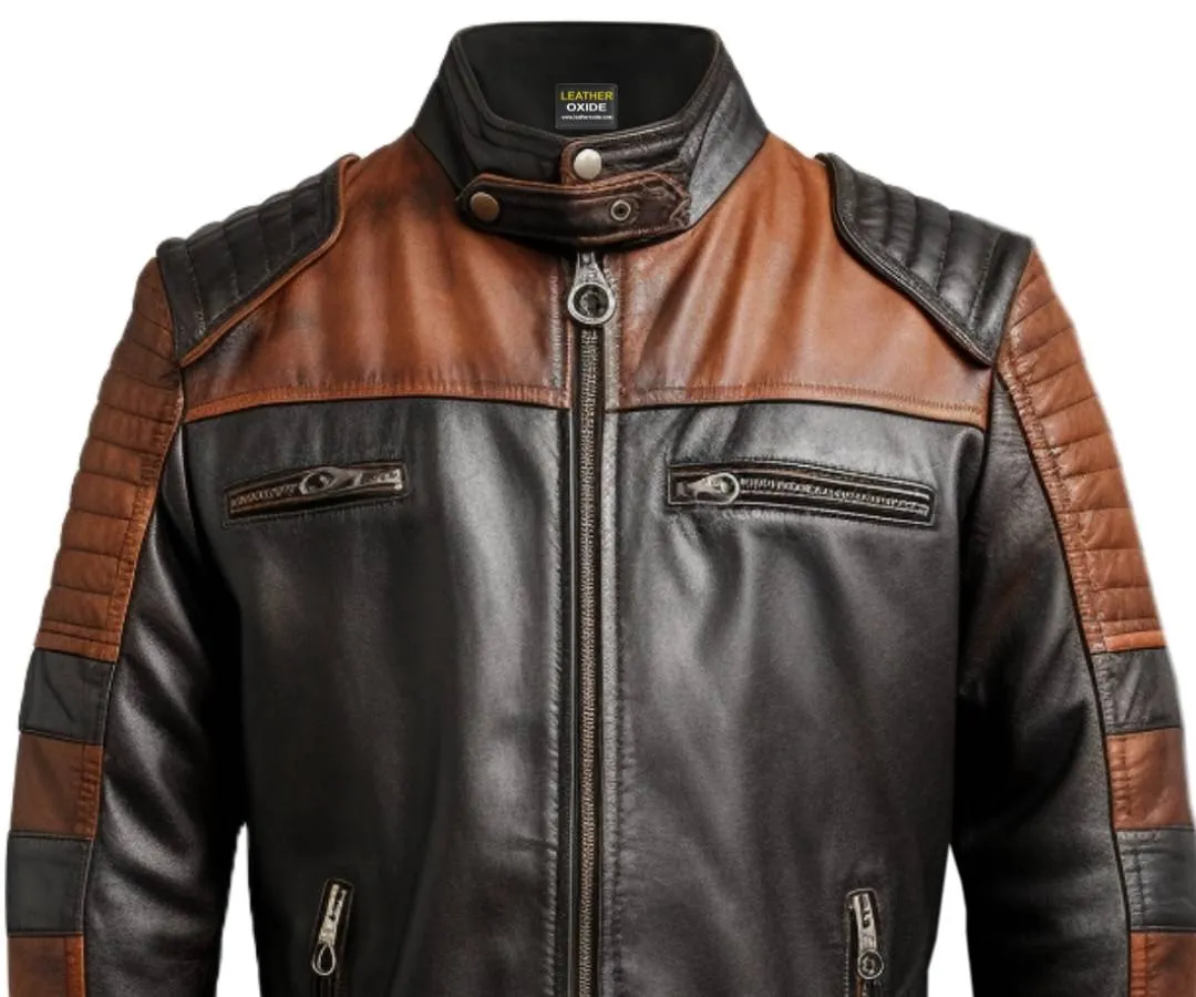 Men Brown Black Leather Jacket - Mens Brown Leather Biker Jacket