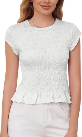 MISSACTIVER Women Casual Smocked Cap Sleeve Crop Tee Shirt Top Crew Neck Shirred Ruffle Hem Slim Fit Crop T-Shirts Tops