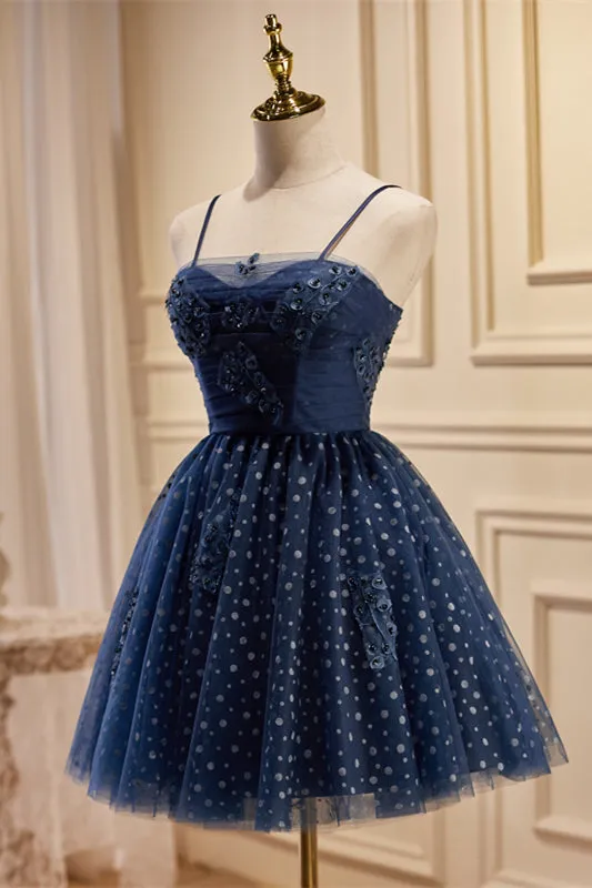 Navy Blue Straps Polk Dots Short A-line Party Dress
