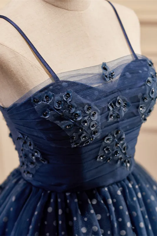 Navy Blue Straps Polk Dots Short A-line Party Dress