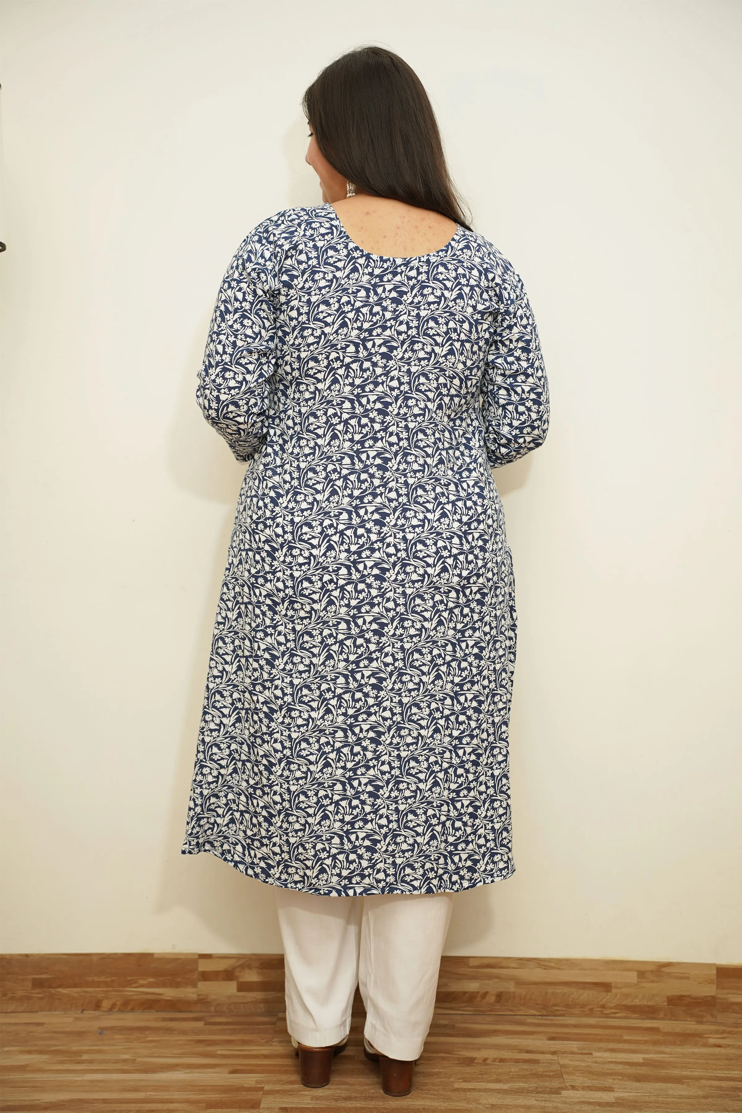 Navy Floral A-Line Rayon Kurta