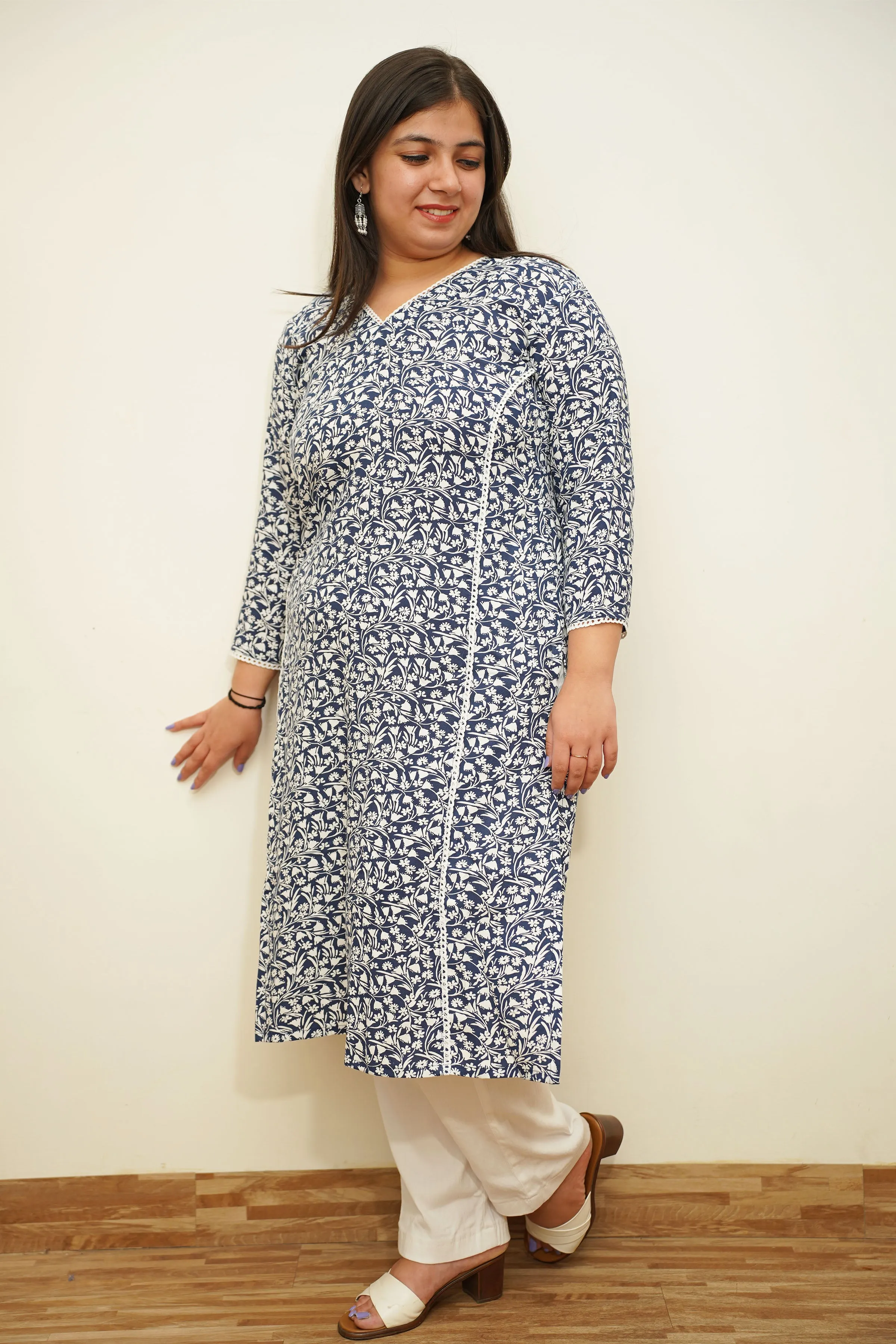 Navy Floral A-Line Rayon Kurta