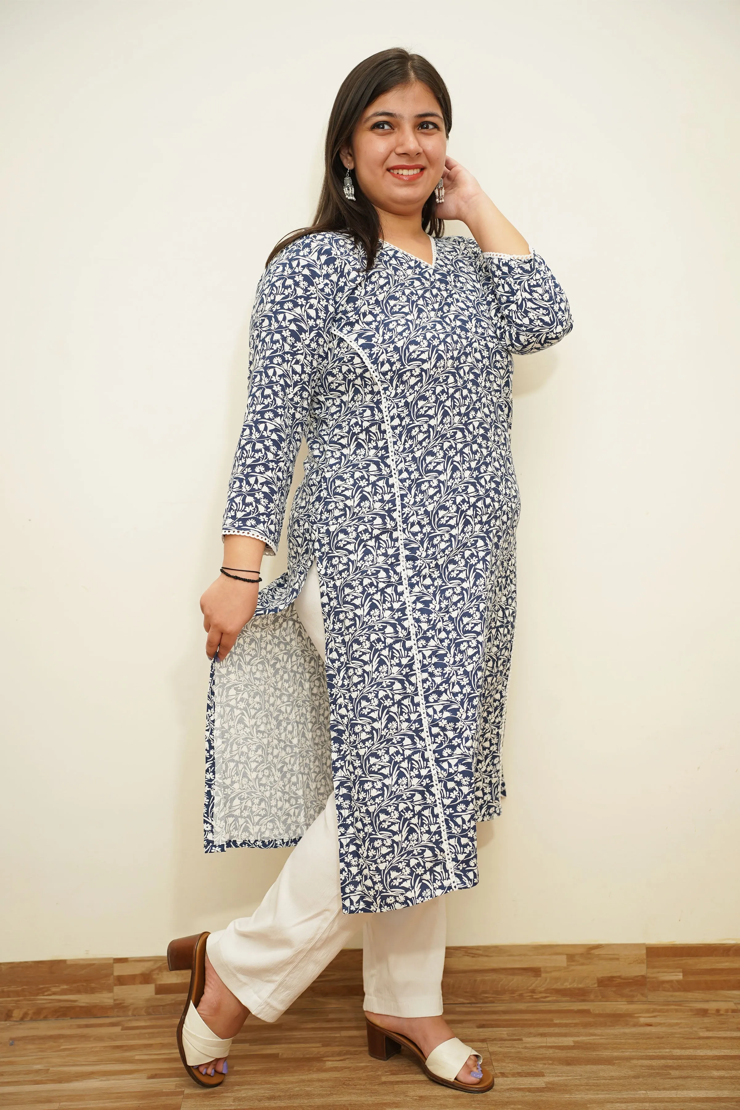 Navy Floral A-Line Rayon Kurta