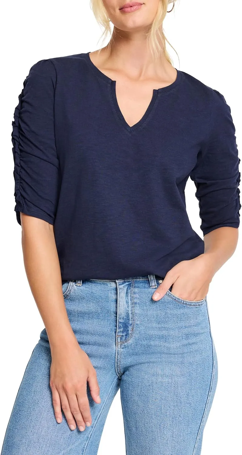 NIC ZOE Women's Ruched Elbow Sleeve Split Neck Tee