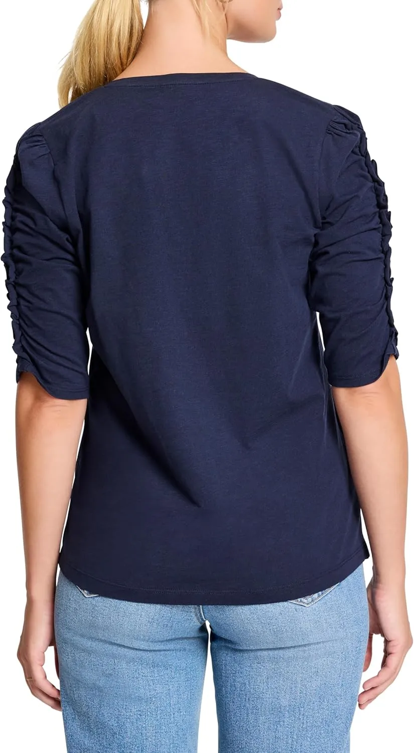 NIC ZOE Women's Ruched Elbow Sleeve Split Neck Tee
