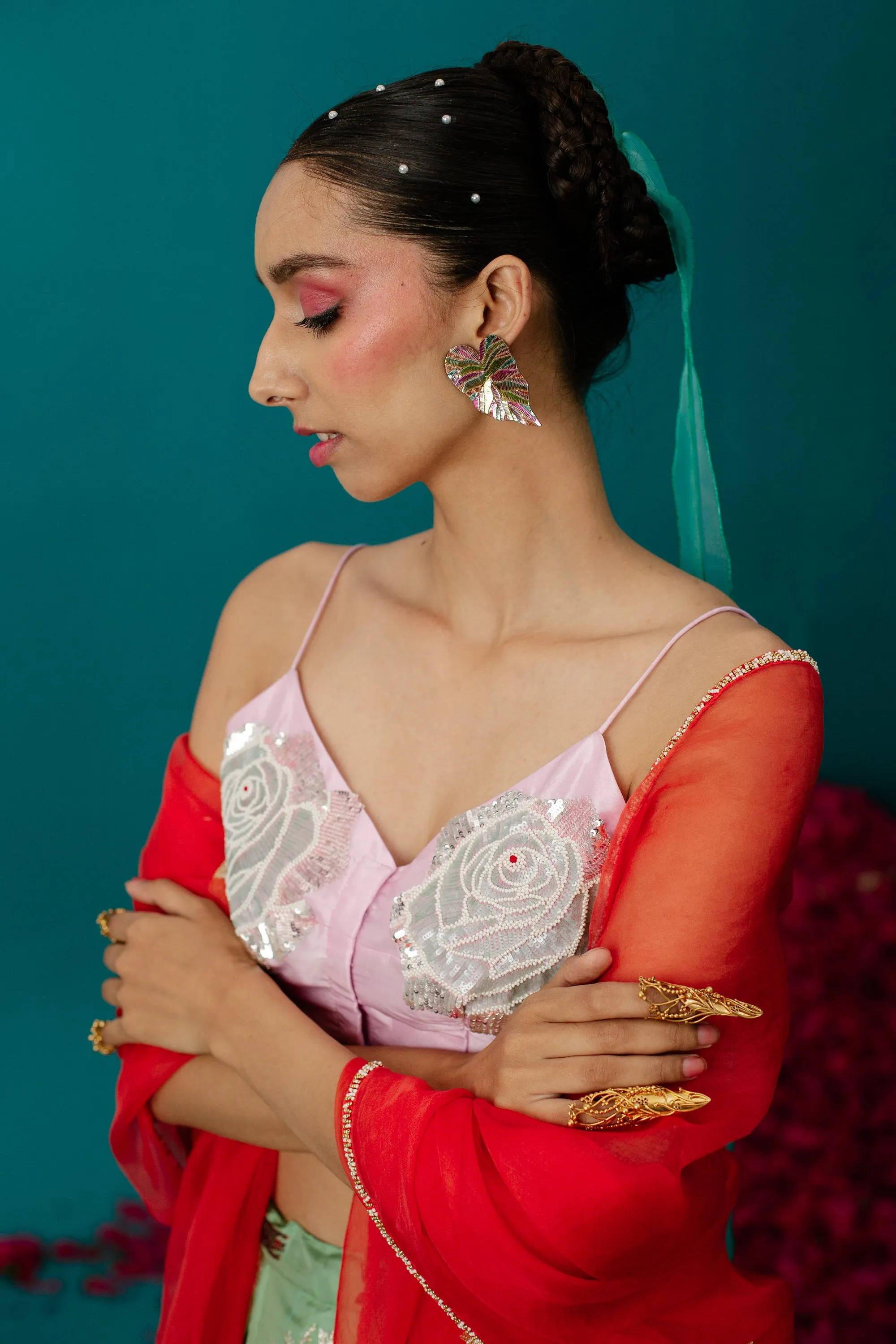 Orange Organza Tiger Beads Dupatta