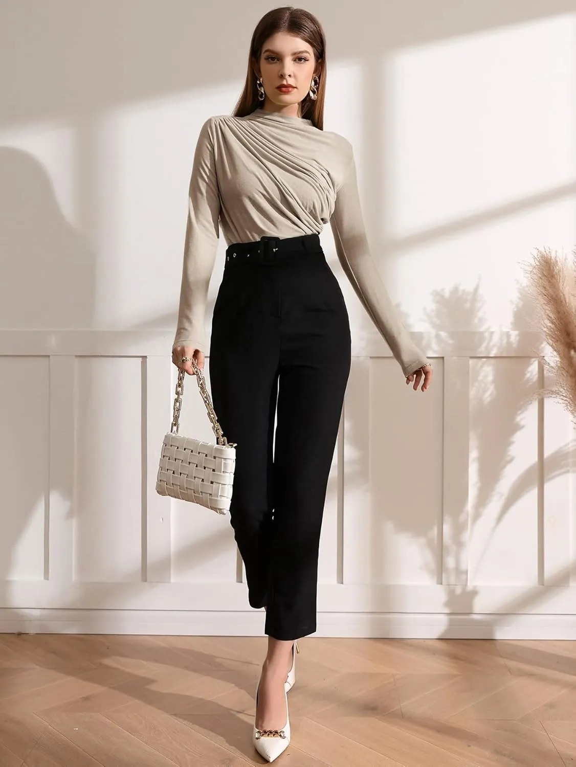 OYOANGLE Women's Long Sleeve Mock Neck Stand Collar Ruched Slim Fit Basic Casual Tee Shirt Tops