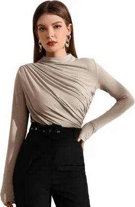 OYOANGLE Women's Long Sleeve Mock Neck Stand Collar Ruched Slim Fit Basic Casual Tee Shirt Tops