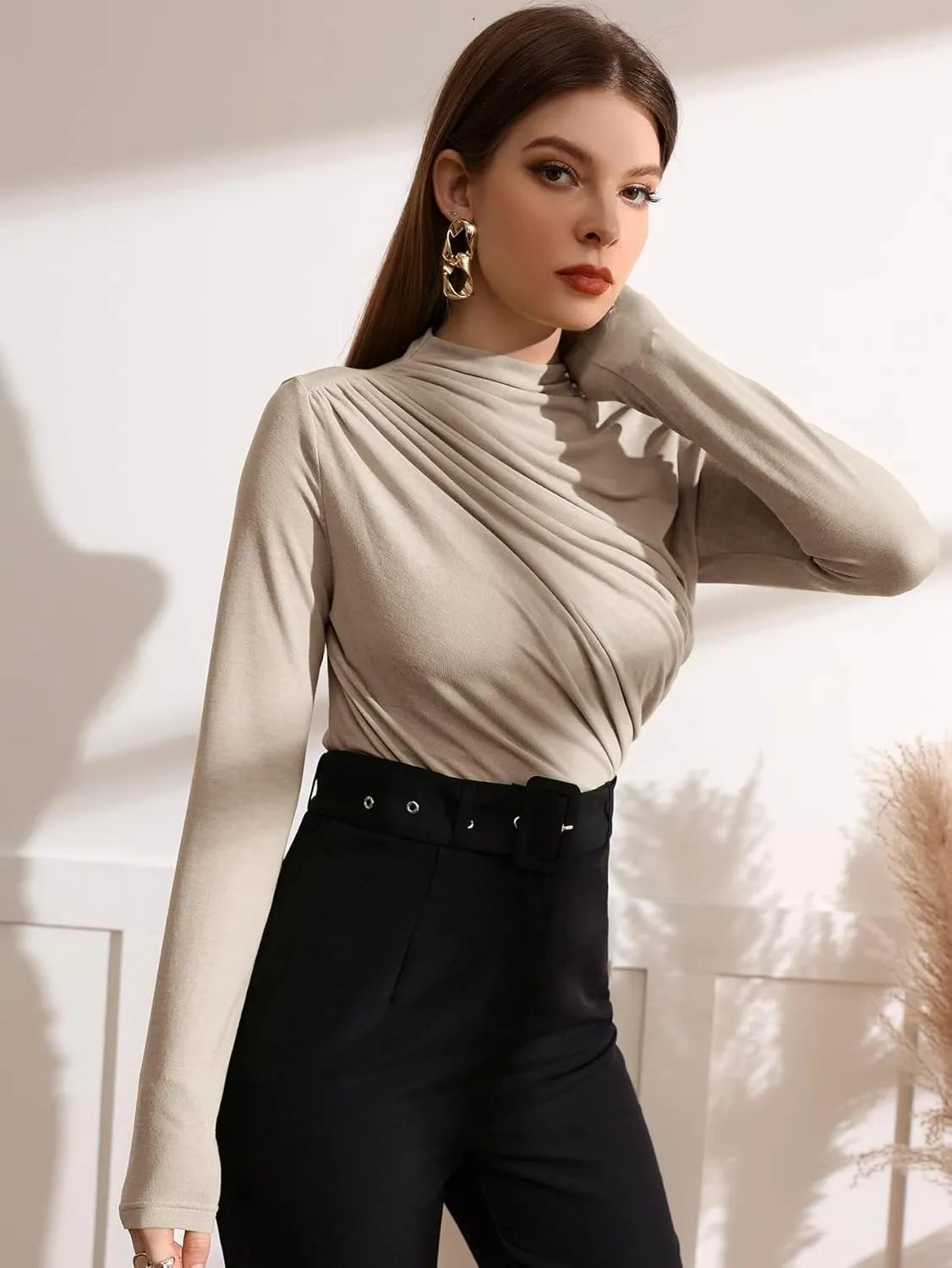 OYOANGLE Women's Long Sleeve Mock Neck Stand Collar Ruched Slim Fit Basic Casual Tee Shirt Tops
