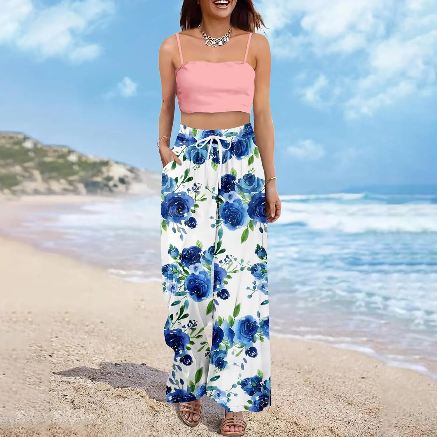 Palazzo Pants for Women,Womens Summer Boho Wide Leg Pants Casual High Waist Lounge Pant 2025 Beach Vacation Outfits