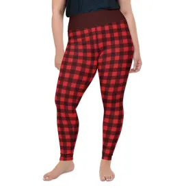 Red Plaid Plus Size leggings, Buffalo Plaid Check Checkered Pattern Printed Graphic Workout Yoga Pants Trendy Women Fashion Clothes