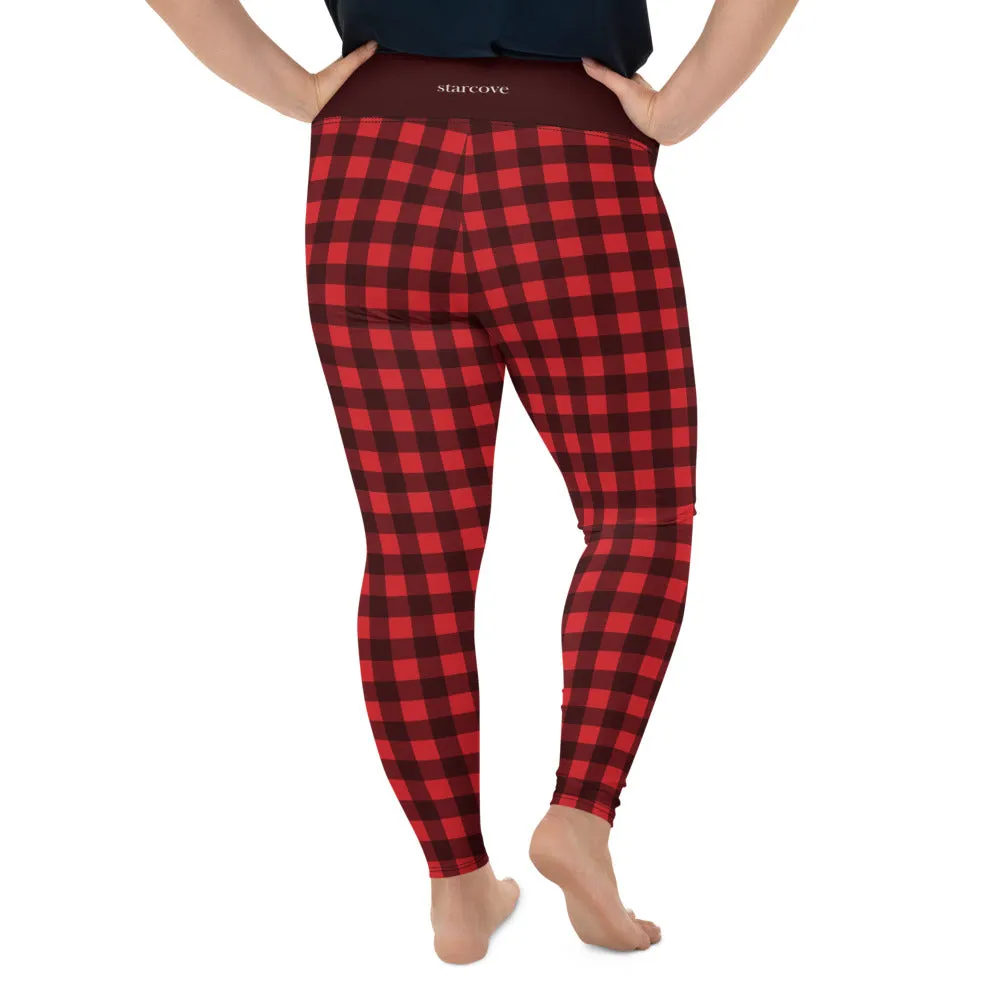 Red Plaid Plus Size leggings, Buffalo Plaid Check Checkered Pattern Printed Graphic Workout Yoga Pants Trendy Women Fashion Clothes