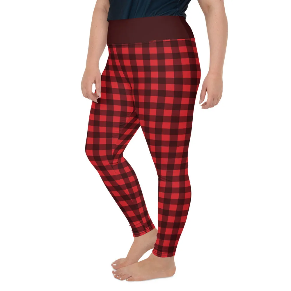Red Plaid Plus Size leggings, Buffalo Plaid Check Checkered Pattern Printed Graphic Workout Yoga Pants Trendy Women Fashion Clothes