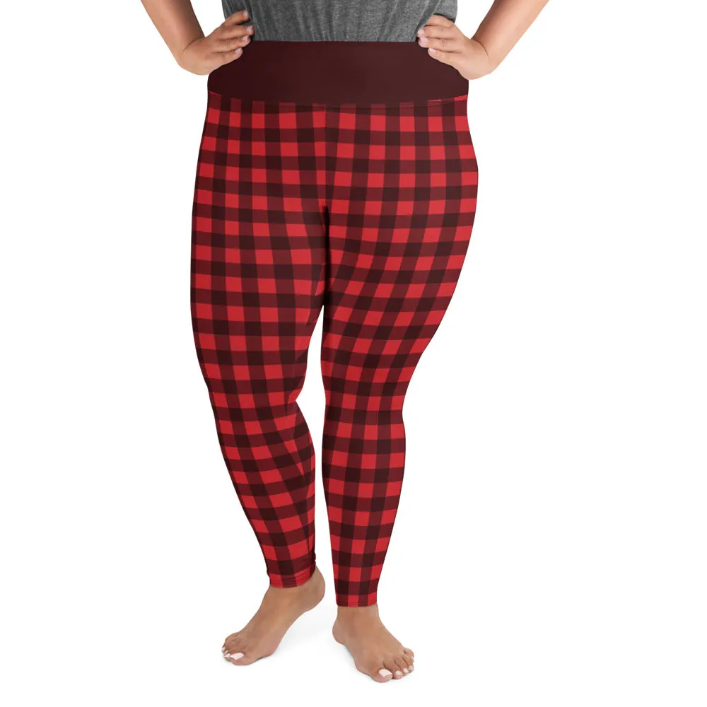 Red Plaid Plus Size leggings, Buffalo Plaid Check Checkered Pattern Printed Graphic Workout Yoga Pants Trendy Women Fashion Clothes