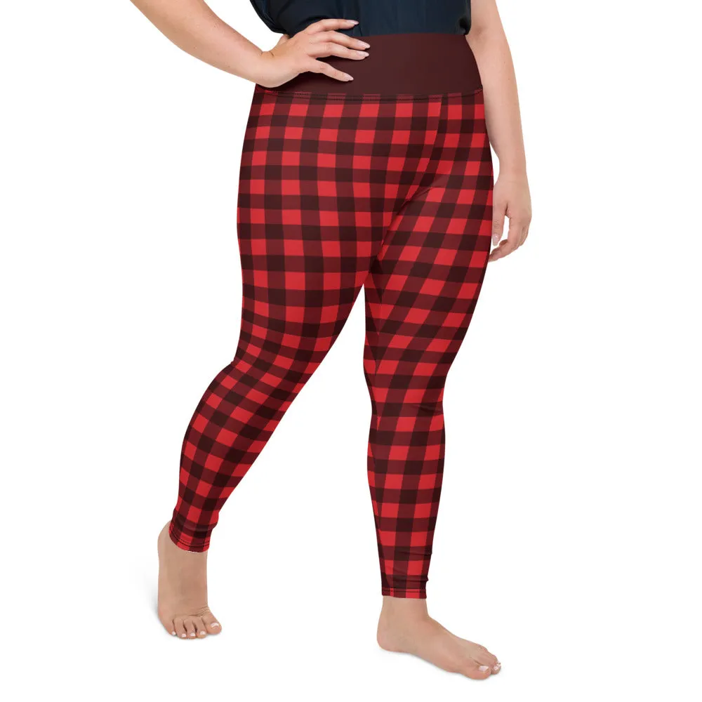 Red Plaid Plus Size leggings, Buffalo Plaid Check Checkered Pattern Printed Graphic Workout Yoga Pants Trendy Women Fashion Clothes