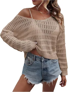 SHENHE Women's Crochet Hollow Out Drop Shoulder Scoop Neck Long Sleeve Sweater Top