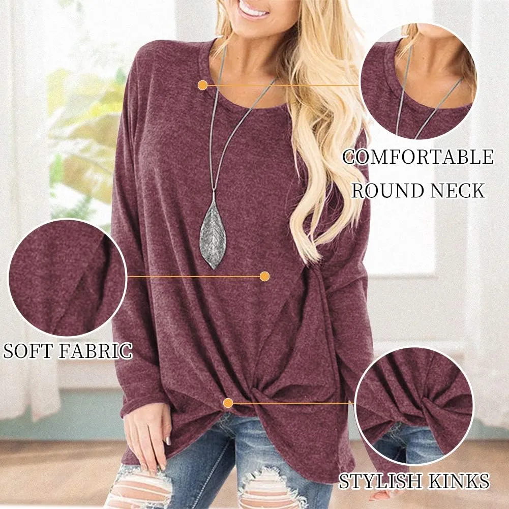 SHIBEVER Long Sleeve Women Tops: Fall Casual Tunic Shirts for Womens Round Neck Twist Knotted Tee Blouses