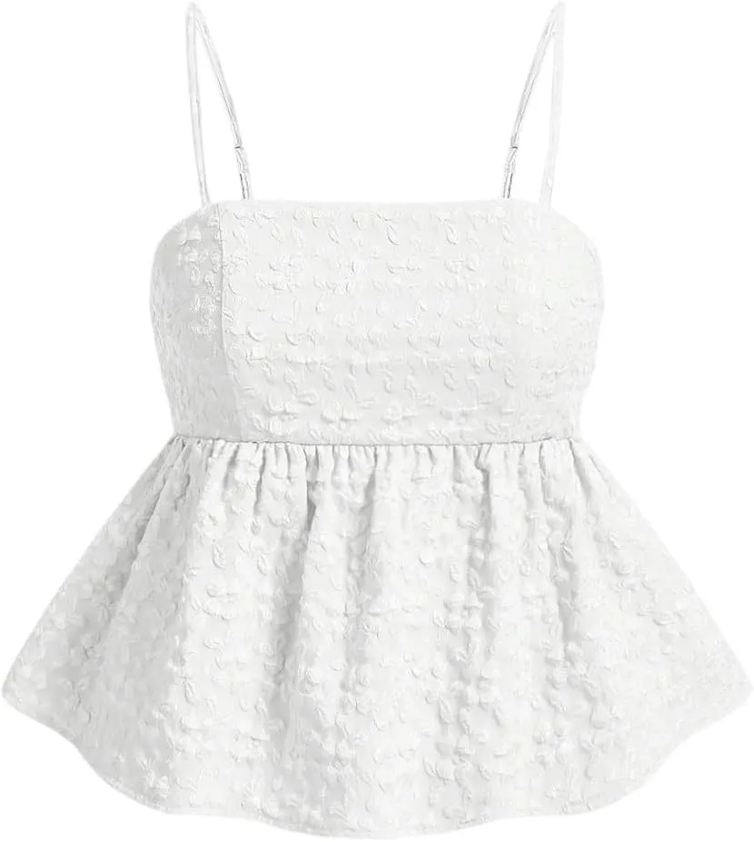 SOLY HUX Women's Spaghetti Strap Ruffle Hem Peplum Cami Top Jacquard Camisole