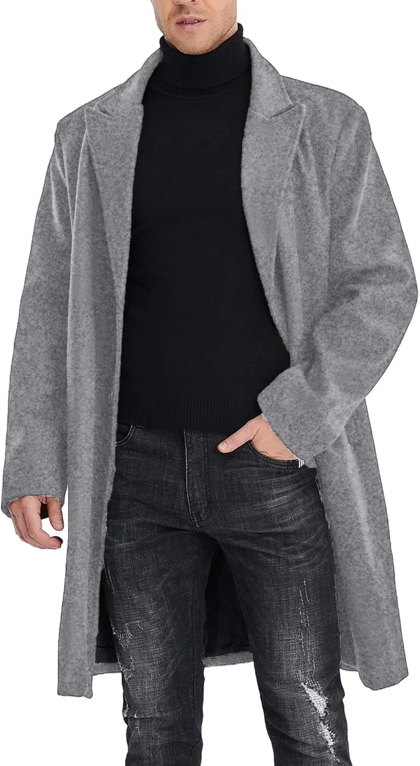 SOMTHRON Men's Casual Trench Coat Mid Long Single Breasted Slim Fit Peacoat Notched Lapel Winter Business Overcoat