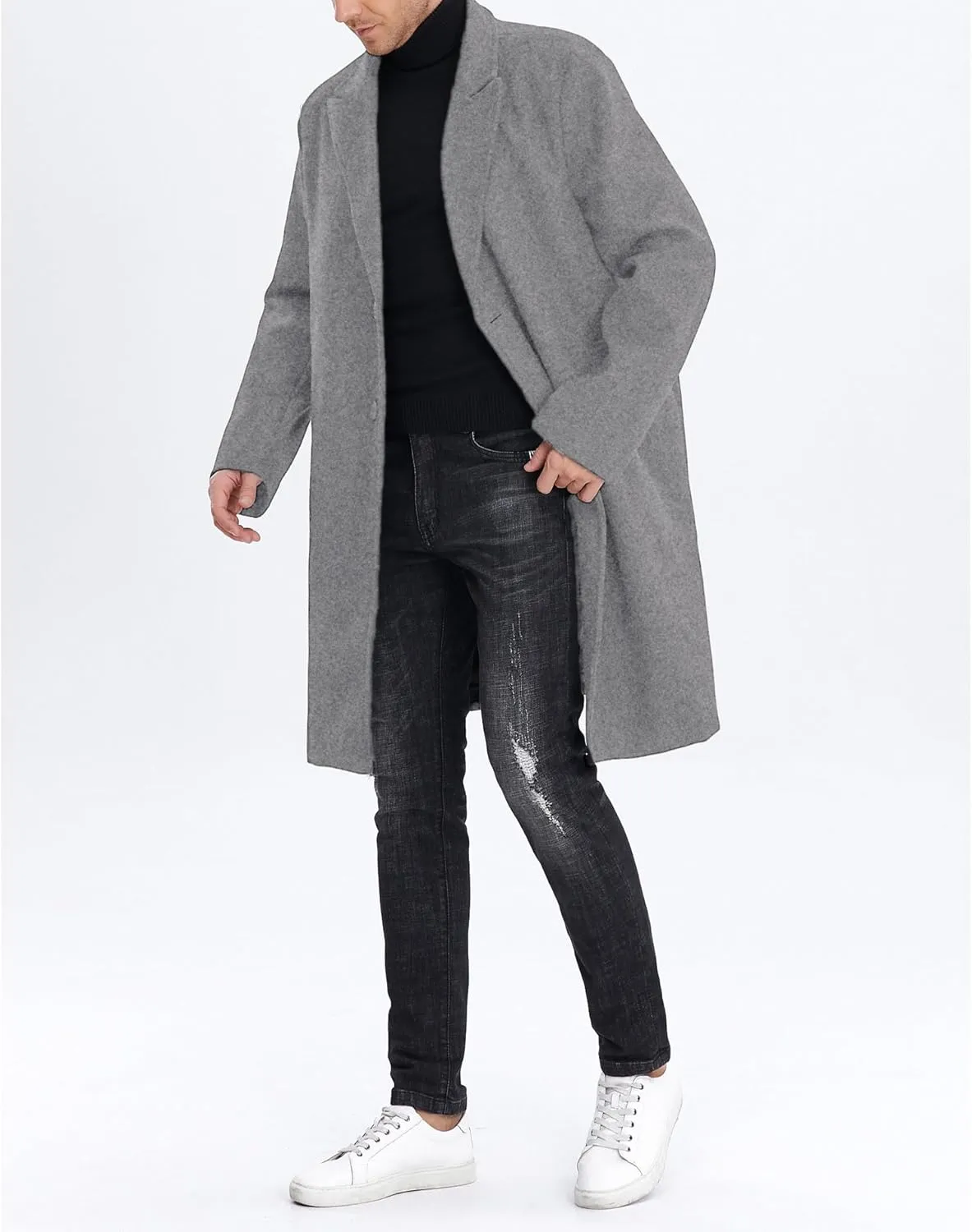 SOMTHRON Men's Casual Trench Coat Mid Long Single Breasted Slim Fit Peacoat Notched Lapel Winter Business Overcoat