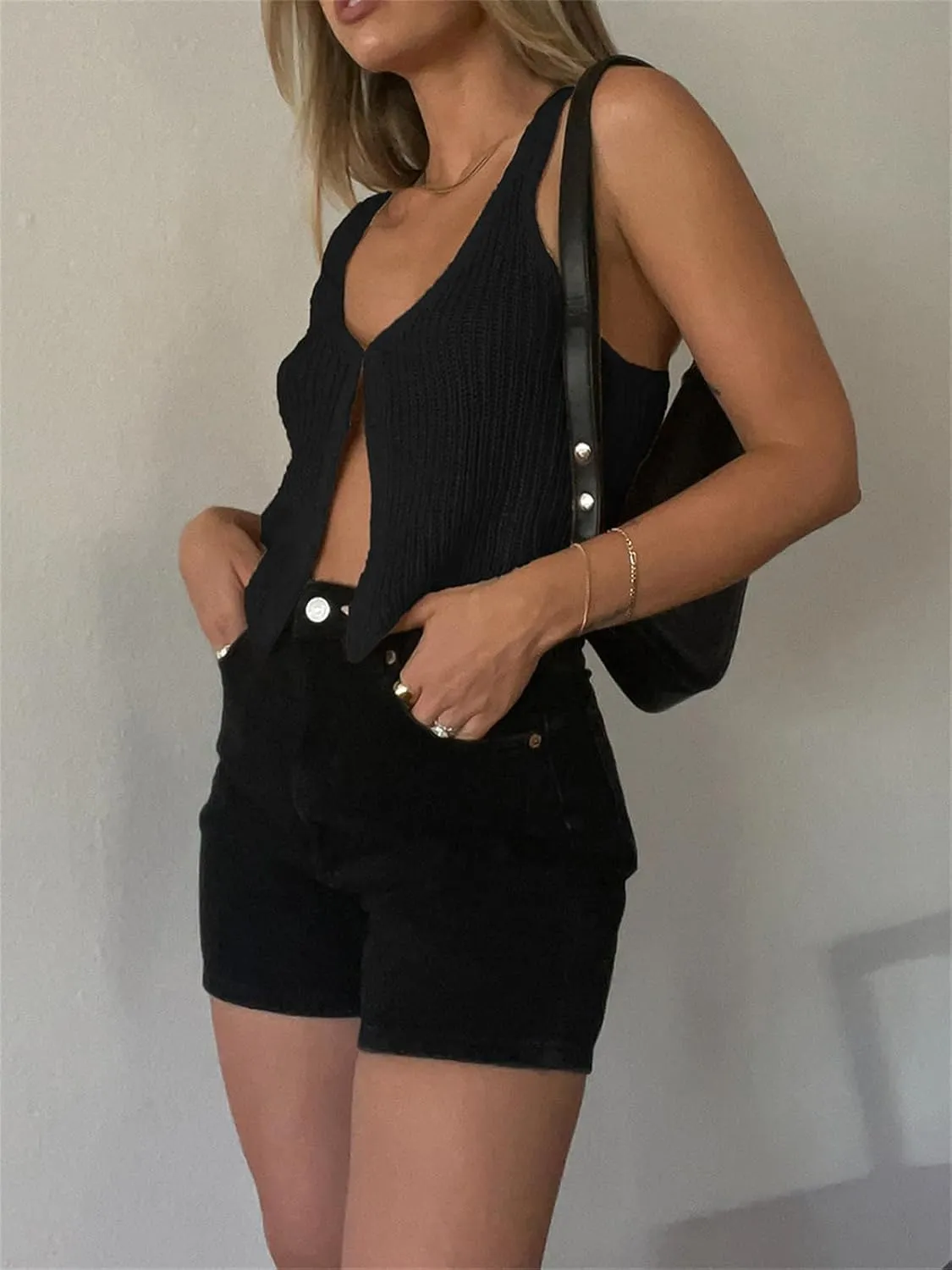 Sunloudy Knit Vest Tops for Women Sleeveless V Neck Button Down Sweater Vest Solid Color Crochet Tank Tops Streetwear