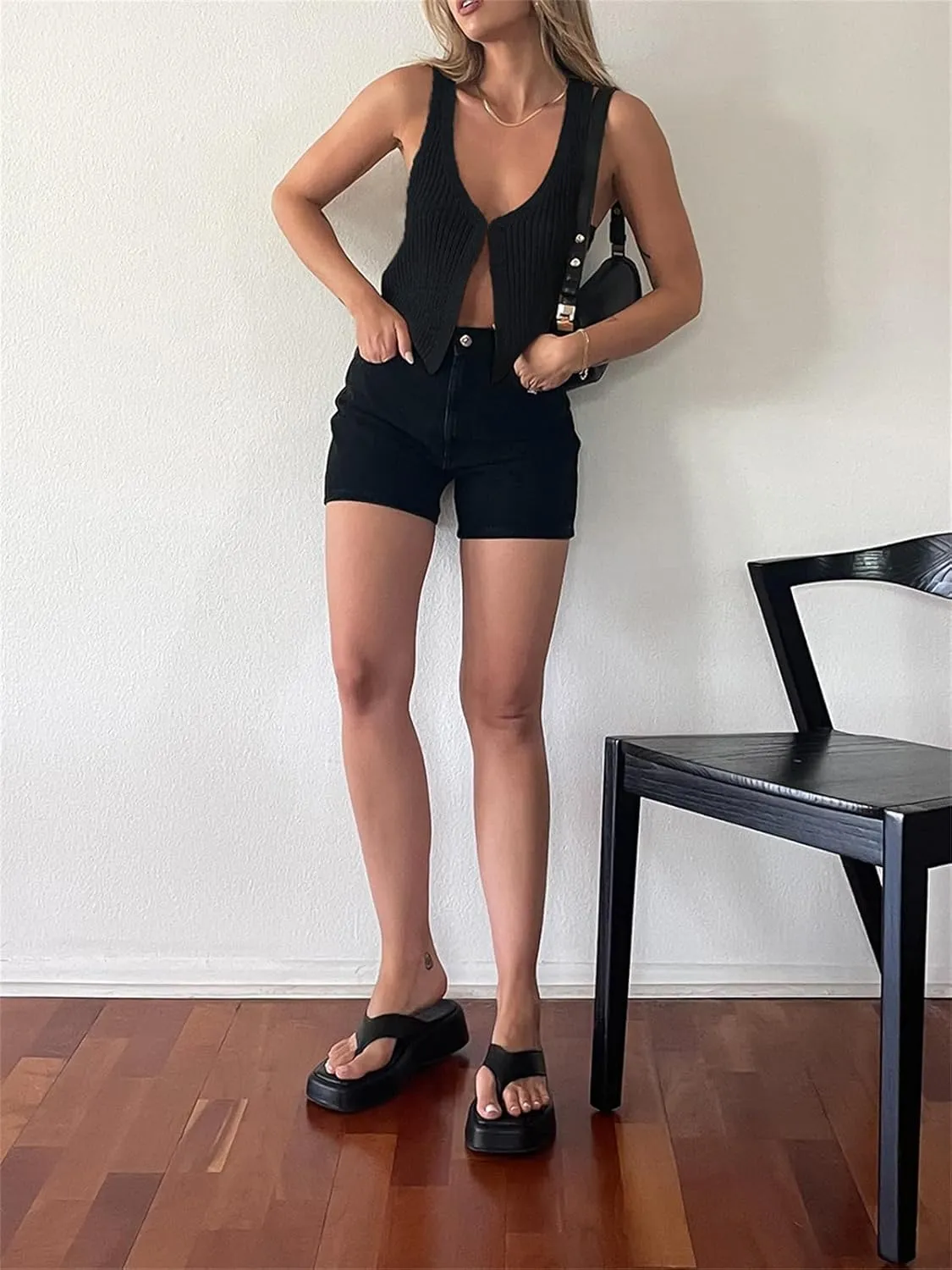 Sunloudy Knit Vest Tops for Women Sleeveless V Neck Button Down Sweater Vest Solid Color Crochet Tank Tops Streetwear
