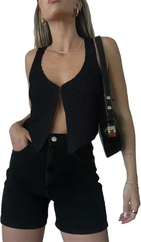 Sunloudy Knit Vest Tops for Women Sleeveless V Neck Button Down Sweater Vest Solid Color Crochet Tank Tops Streetwear