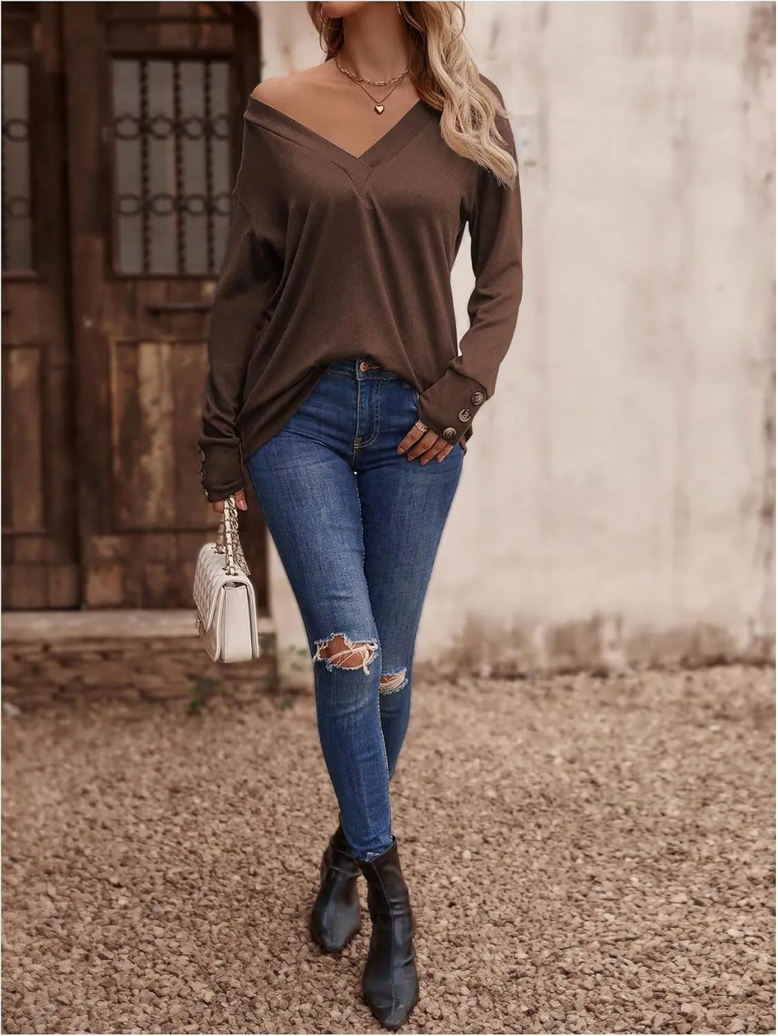 SweatyRocks Women's Colorblock Long Sleeve V Neck Drop Shoulder Tee Shirt Tops