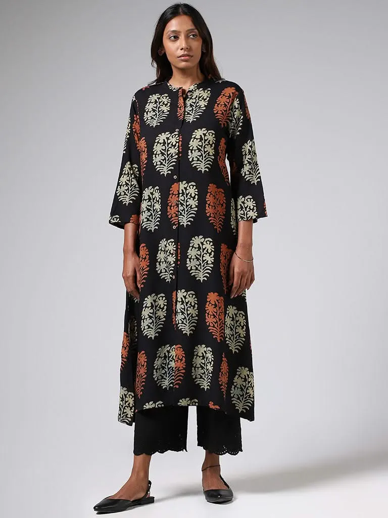 Utsa Black Buta Printed Cotton Buttoned Down Kurta
