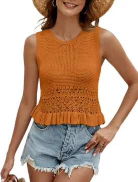 VIMPUNEC Womens Summer Crop Tank Tops Cute Knit Sweater Vest Crochet Sleeveless Pullover Top