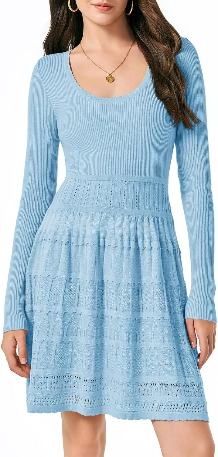 Wenrine Womens Long Sleeve Sweater Dress Knit Crochet Casual A Line Flowy Skater Mini Dresses