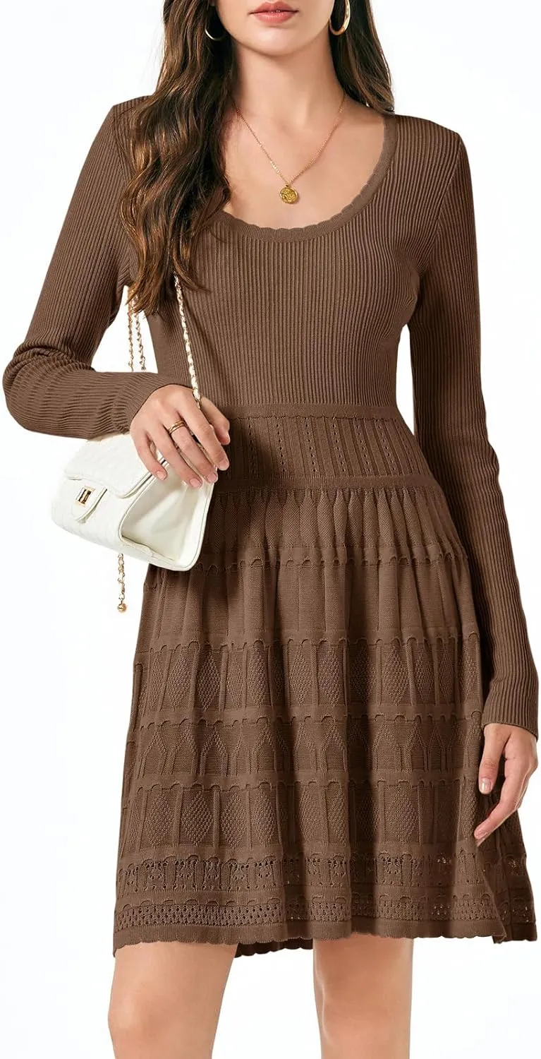 Wenrine Womens Long Sleeve Sweater Dress Knit Crochet Casual A Line Flowy Skater Mini Dresses