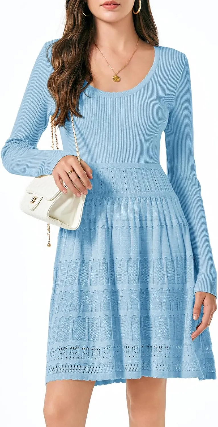 Wenrine Womens Long Sleeve Sweater Dress Knit Crochet Casual A Line Flowy Skater Mini Dresses