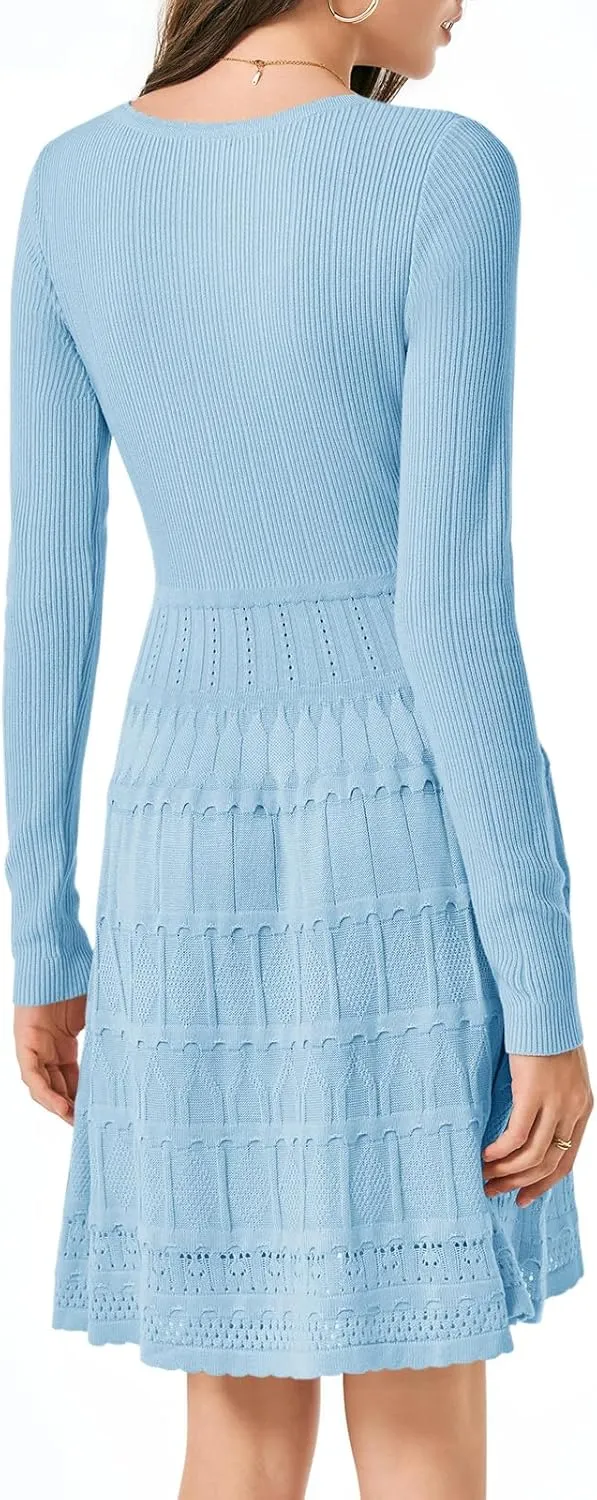 Wenrine Womens Long Sleeve Sweater Dress Knit Crochet Casual A Line Flowy Skater Mini Dresses